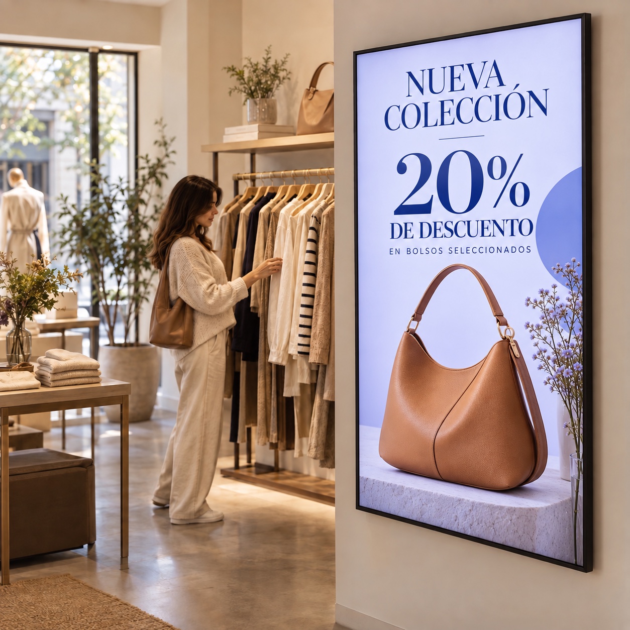 Tienda de moda con una pantalla vertical que anuncia una promoción de bolsos de la nueva colección.